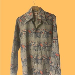Vintage Floral Foulard Paisely Shirt Hippie 70s Made in Denmark Medium 15.5 x 35